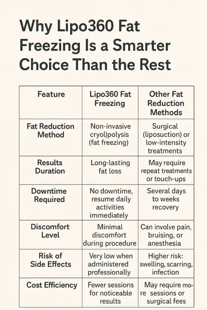 Table showing benefits of fat freezing to remove fat cells Horsham from Lipo 360