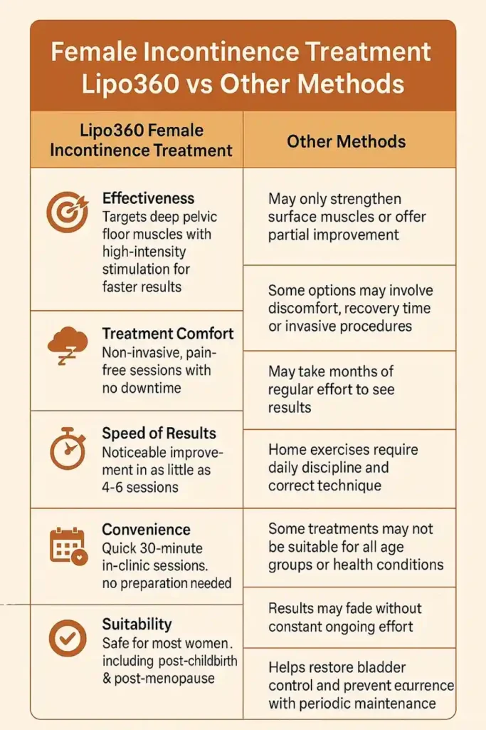 Table showing benefits of incontinence treatment Horsham