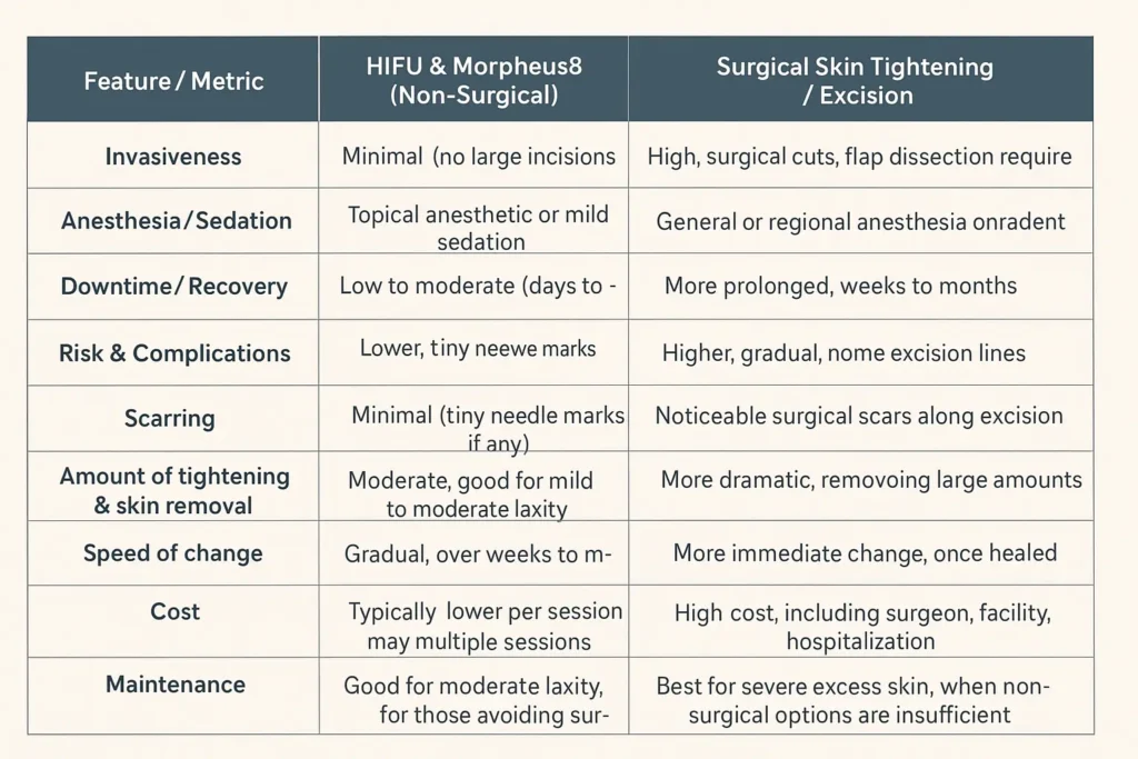 Table of skin tightening Horsham benefits compared to surgical options